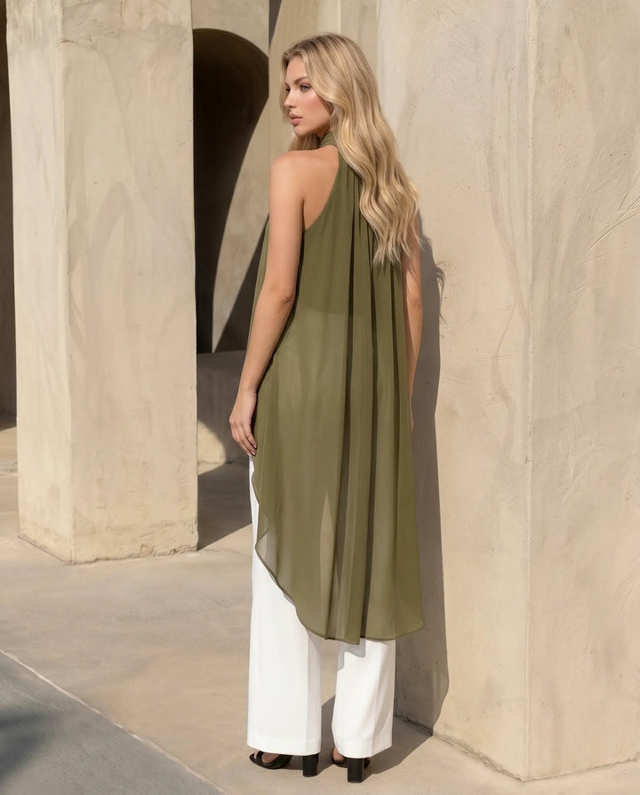 SOLACE  Olive Green Halter Neck High Low Chiffon Blouse 
