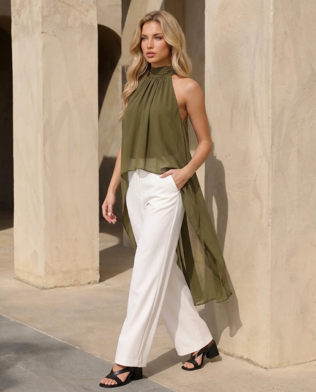 SOLACE  Olive Green Halter Neck High Low Chiffon Blouse 