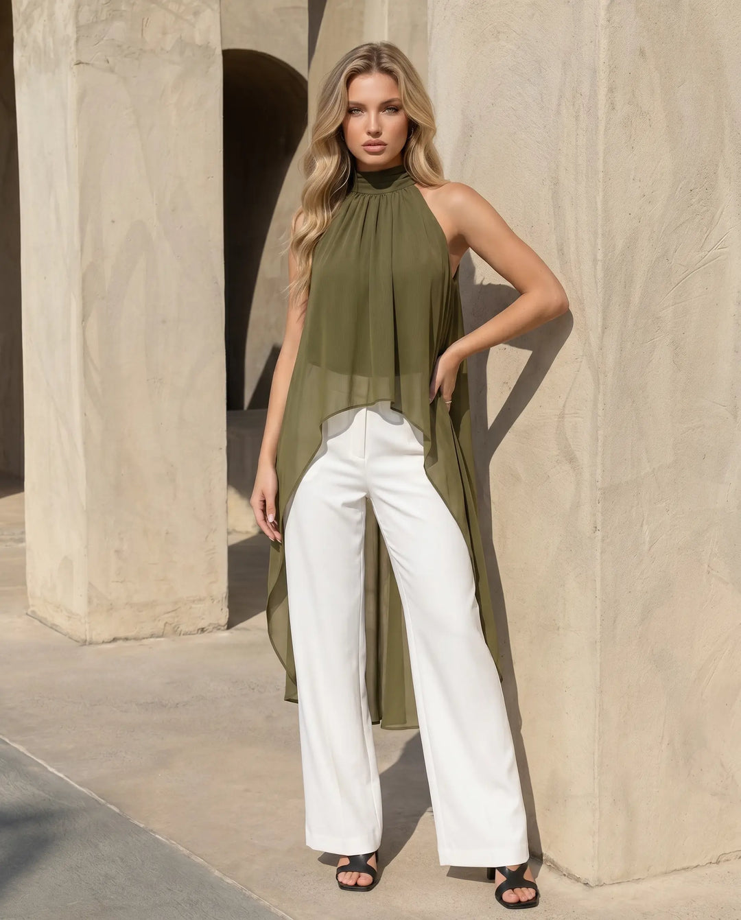 SOLACE  Olive Green Halter Neck High Low Chiffon Blouse 