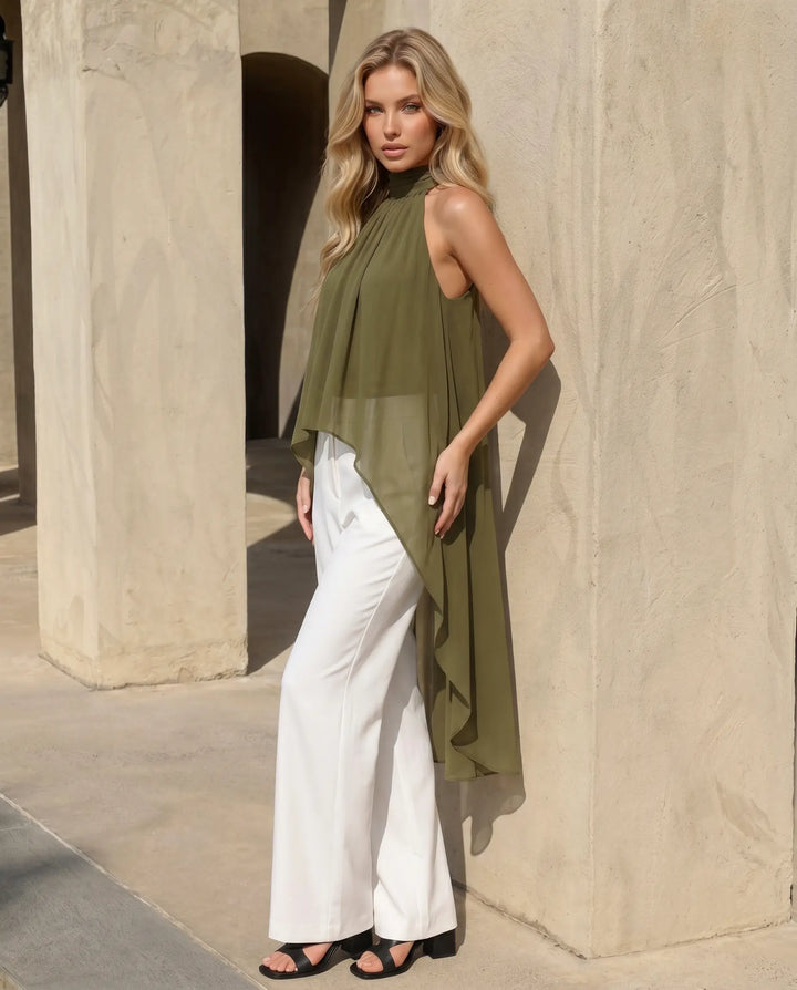 SOLACE  Olive Green Halter Neck High Low Chiffon Blouse 
