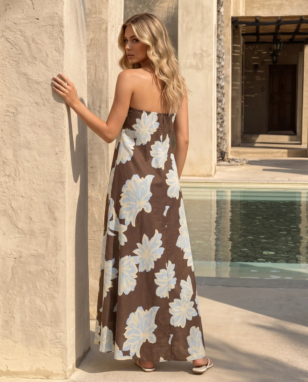 SOLACE  Brown Floral Print Strapless Maxi Dress 