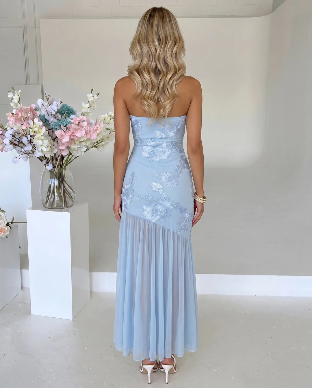 SOLACE  Light Blue Floral Embroidered Strapless Mermaid Maxi Dress 