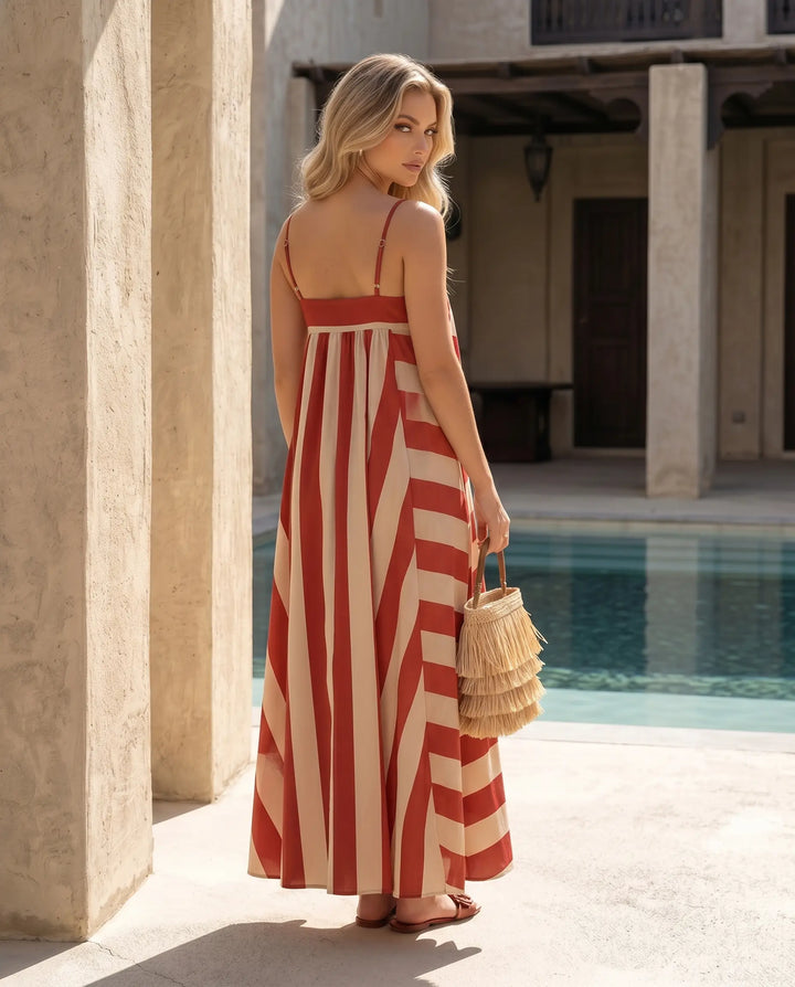 SOLACE  Red Striped Spaghetti Strap Maxi Dress 