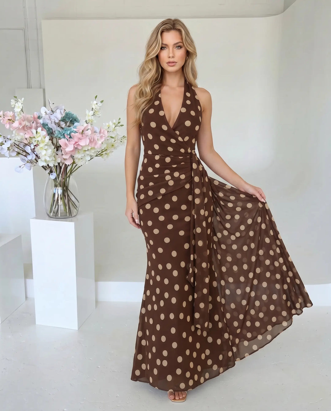 SOLACE  Brown Polka Dot Halter Neck Wrap Maxi Dress 