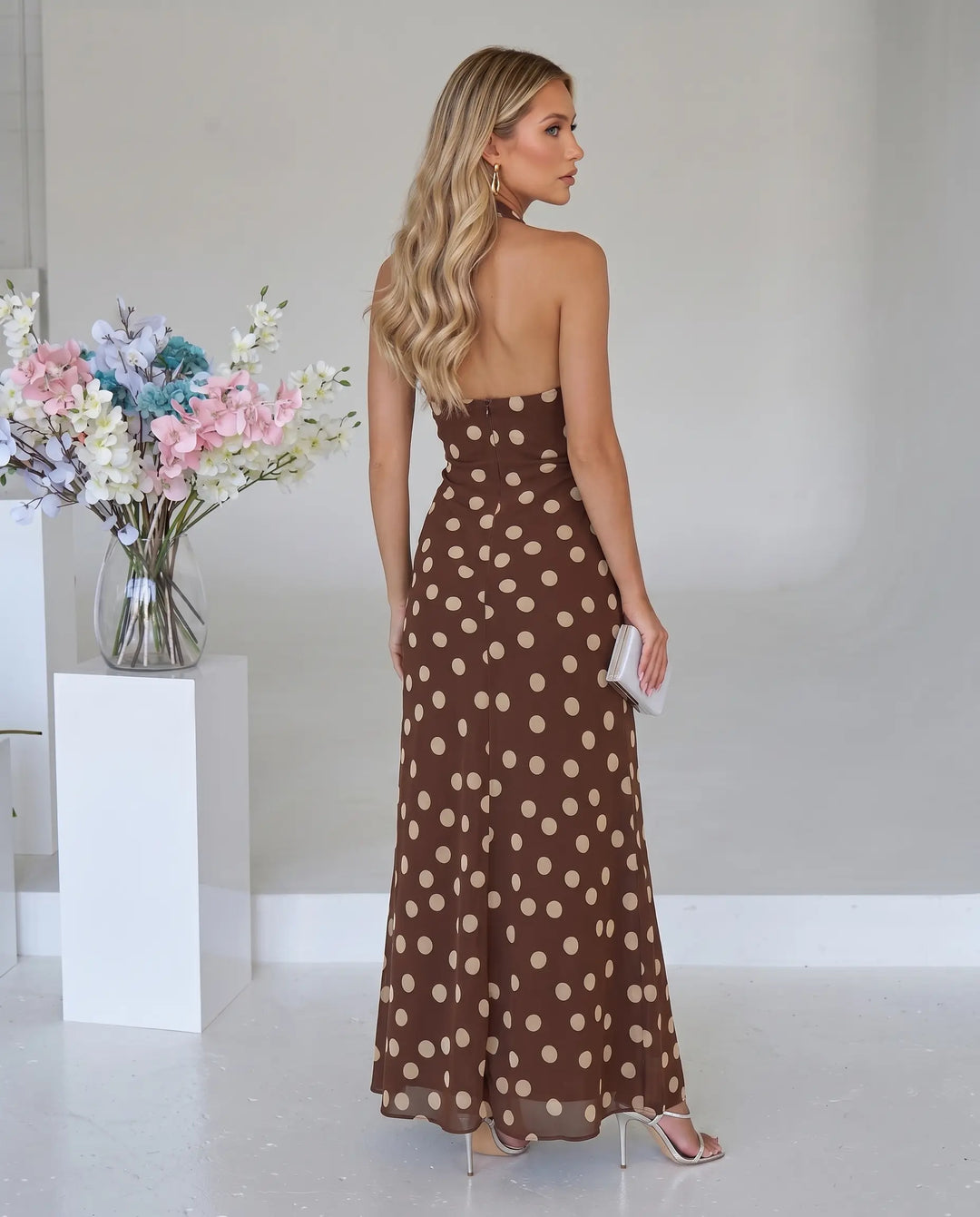 SOLACE  Brown Polka Dot Halter Neck Wrap Maxi Dress 