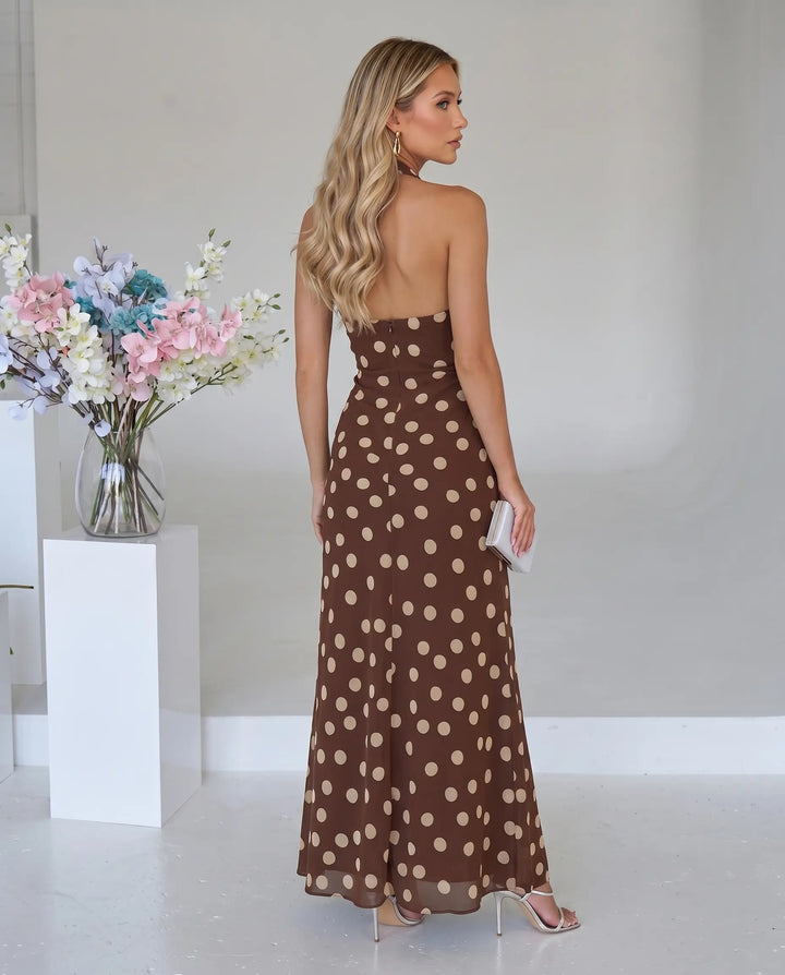 SOLACE  Brown Polka Dot Halter Neck Wrap Maxi Dress 