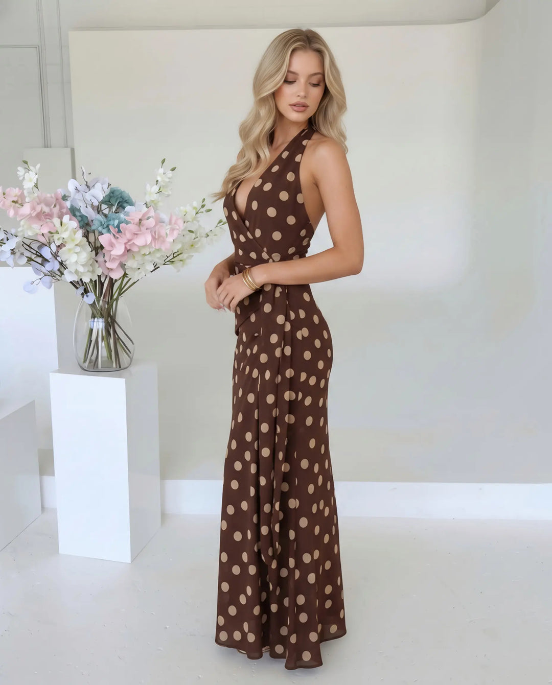 SOLACE  Brown Polka Dot Halter Neck Wrap Maxi Dress 