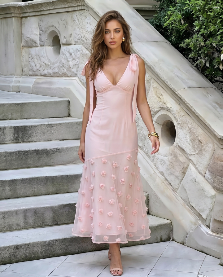 SOLACE  Light Pink Rose Applique Tie-Shoulder Midi Dress 