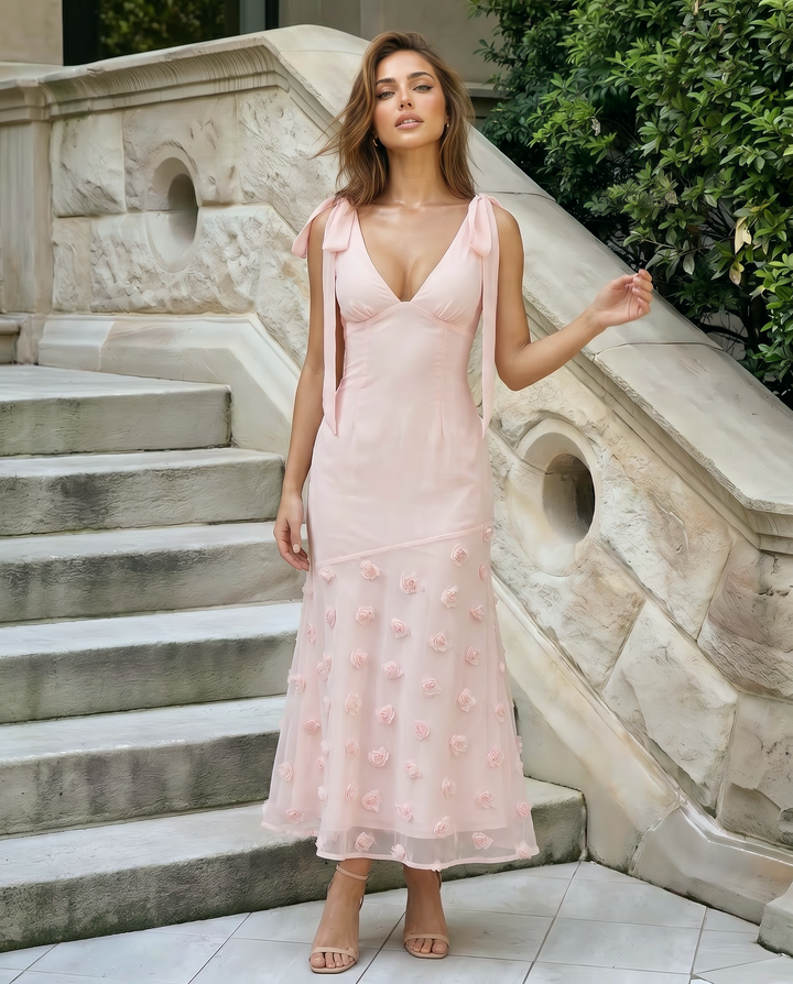 SOLACE  Light Pink Rose Applique Tie-Shoulder Midi Dress 