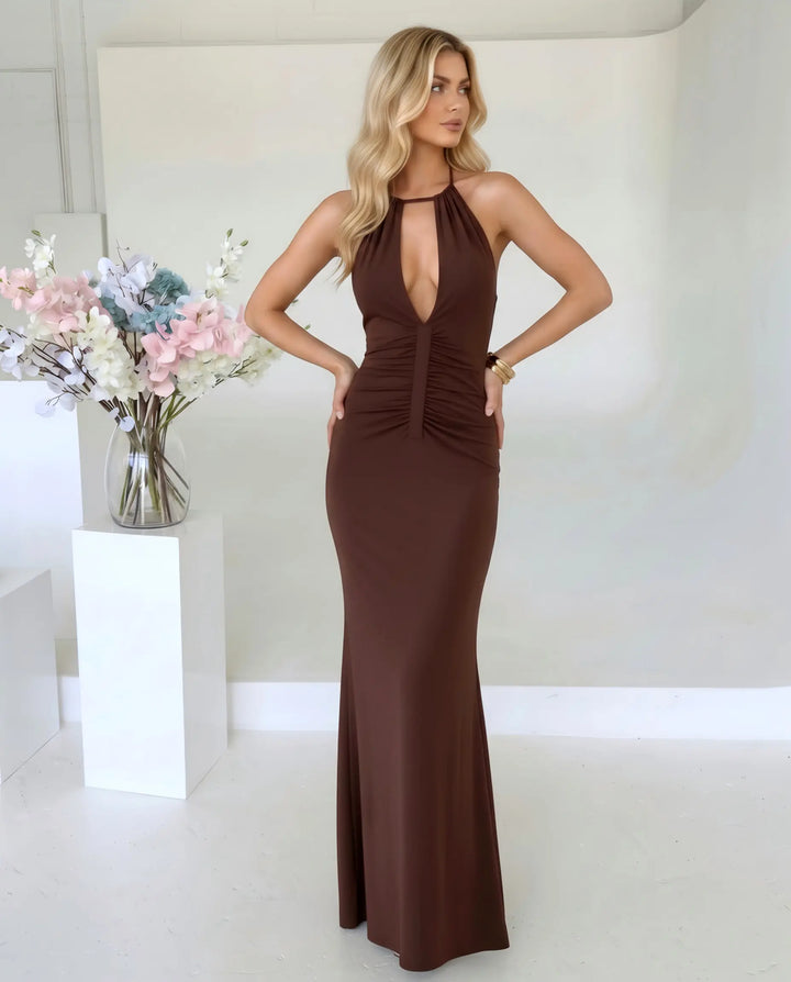 SOLACE  Brown Halter Neck Keyhole Ruched Mermaid Maxi Dress 