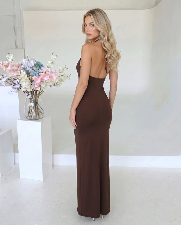 SOLACE  Brown Halter Neck Keyhole Ruched Mermaid Maxi Dress 