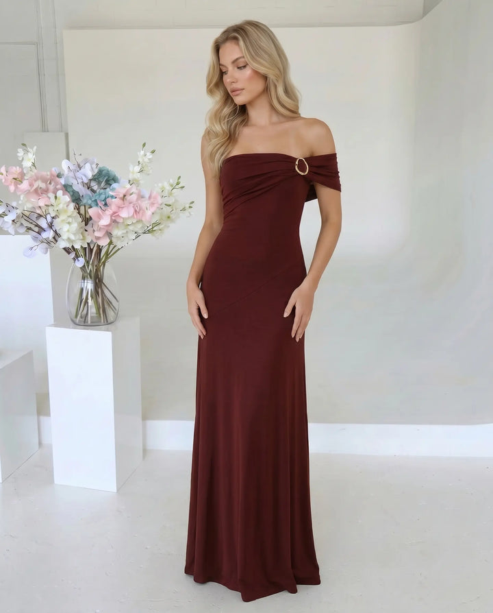 SOLACE  Burgundy Off Shoulder Ruched Maxi Dress 
