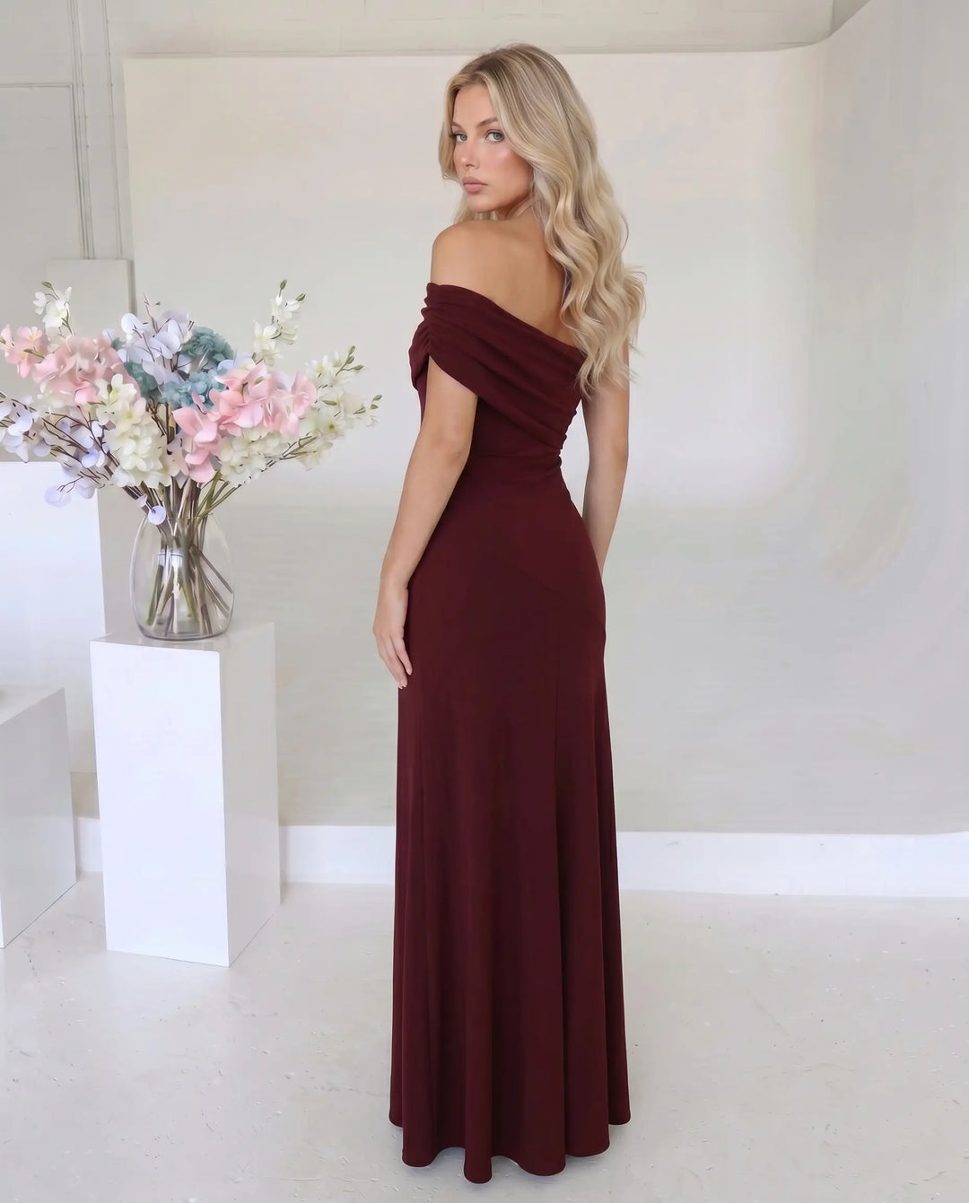 SOLACE  Burgundy Off Shoulder Ruched Maxi Dress 