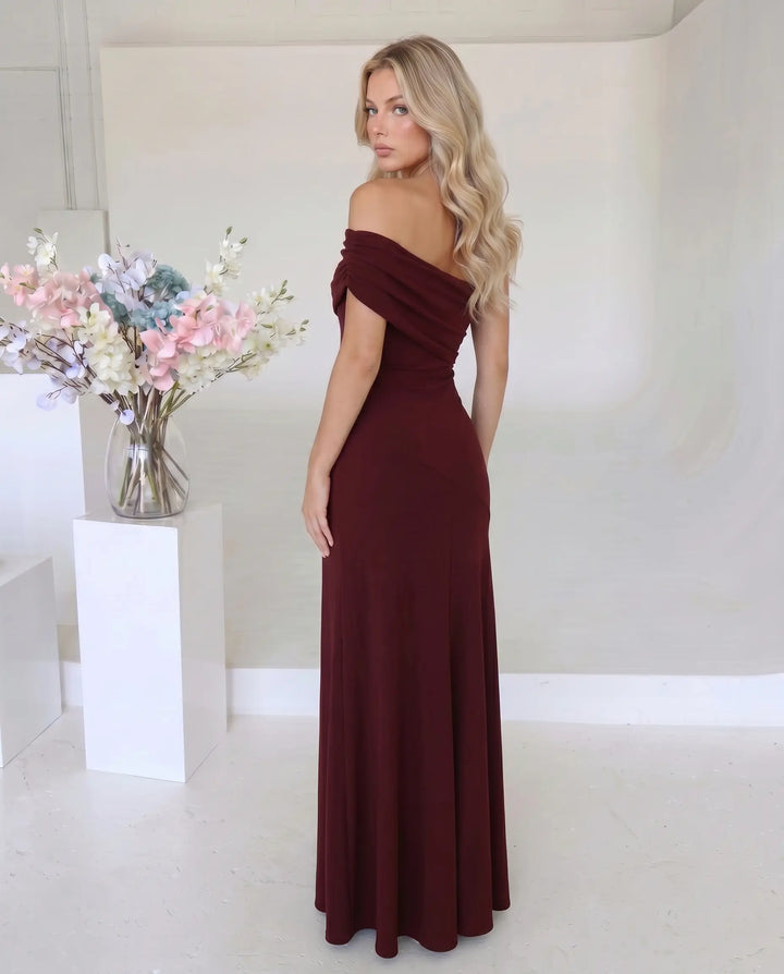 SOLACE  Burgundy Off Shoulder Ruched Maxi Dress 