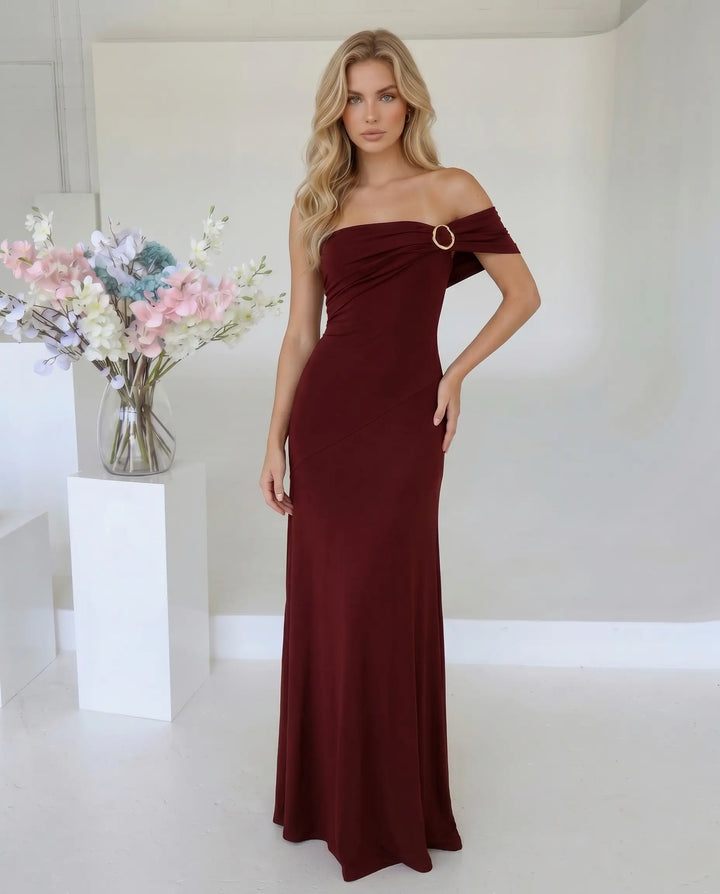 SOLACE  Burgundy Off Shoulder Ruched Maxi Dress 