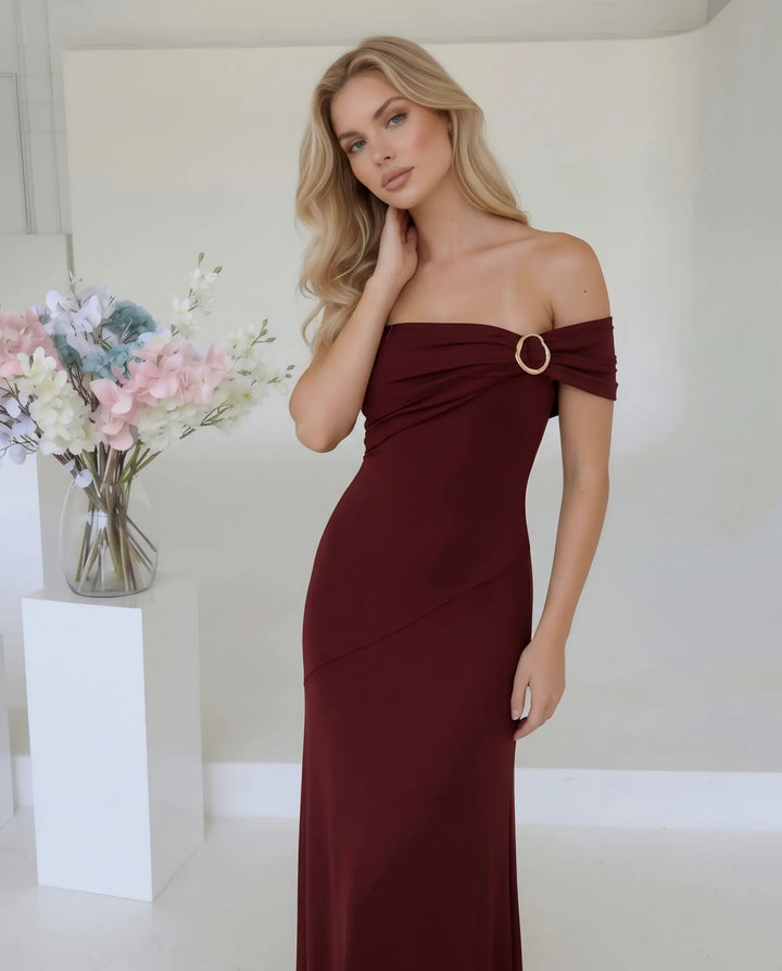 SOLACE  Burgundy Off Shoulder Ruched Maxi Dress 