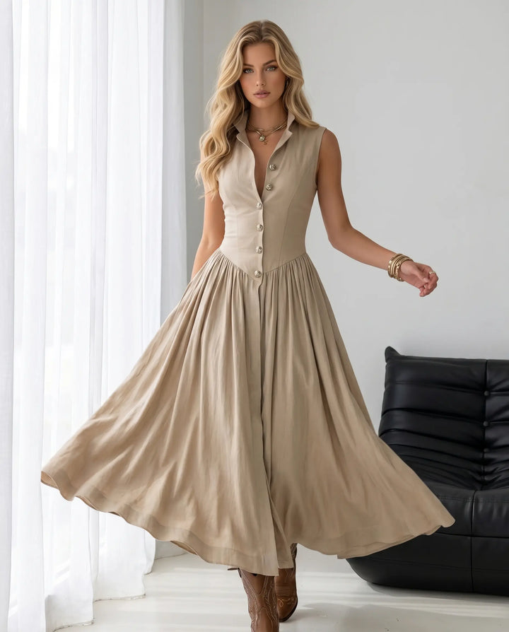 SOLACE  Beige Button Front Sleeveless Midi Dress 