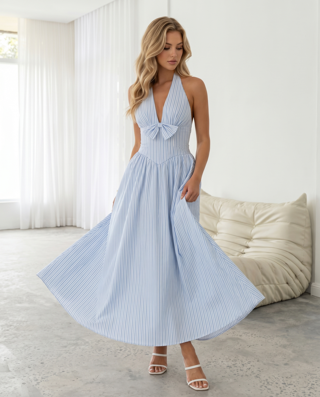 SOLACE  Light Blue Striped Halter Neck Midi Dress 