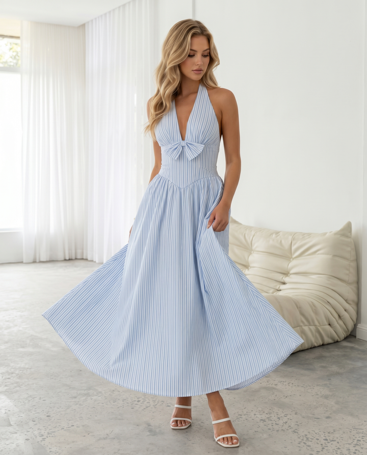 SOLACE  Light Blue Striped Halter Neck Midi Dress 