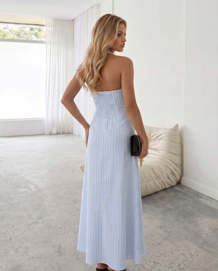 SOLACE  Light Blue Striped Halter Neck Midi Dress 
