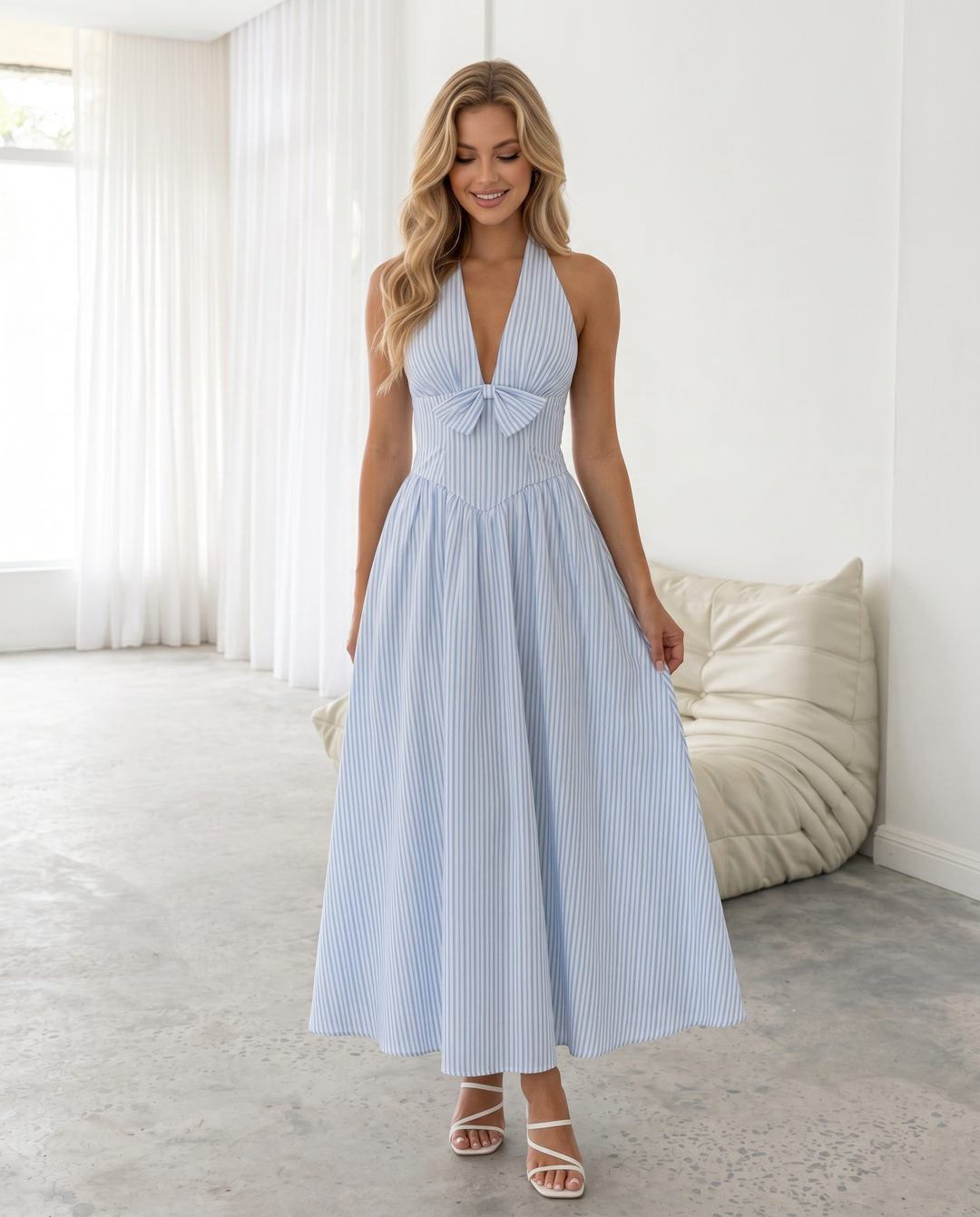 SOLACE  Light Blue Striped Halter Neck Midi Dress 