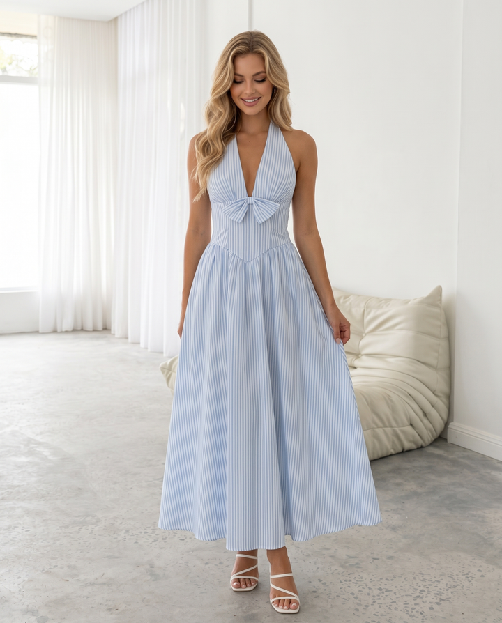 SOLACE  Light Blue Striped Halter Neck Midi Dress 