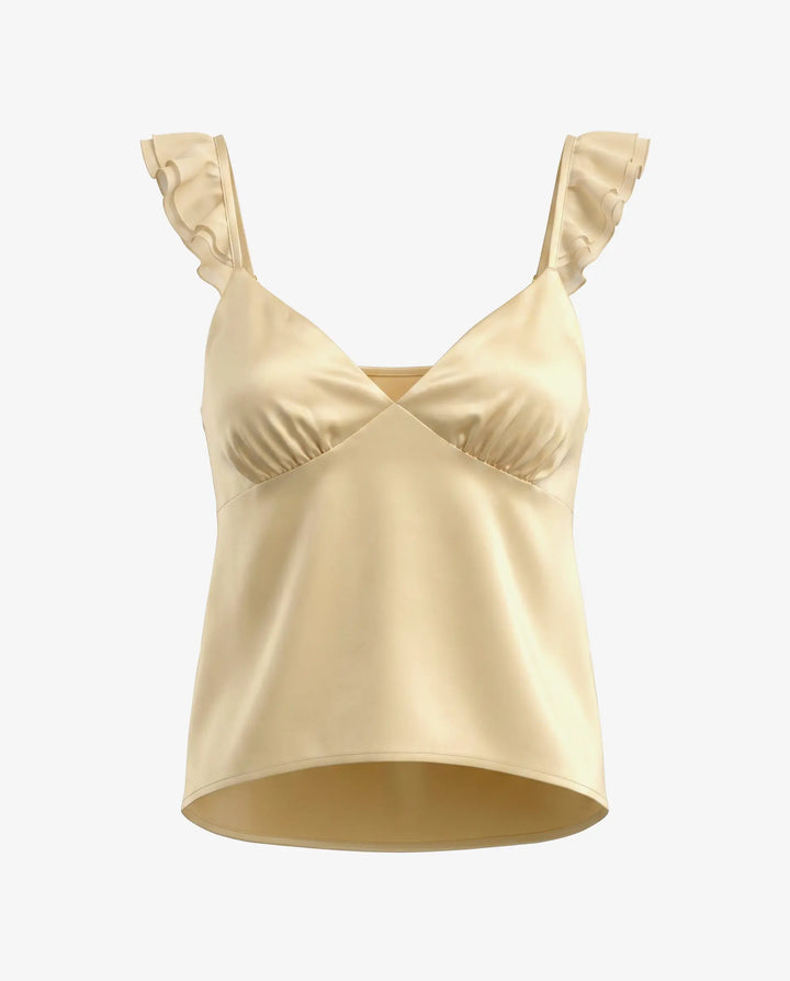 SOLACE  Yellow Ruffled Strap Satin Slim Fit Cropped Camisole Top 