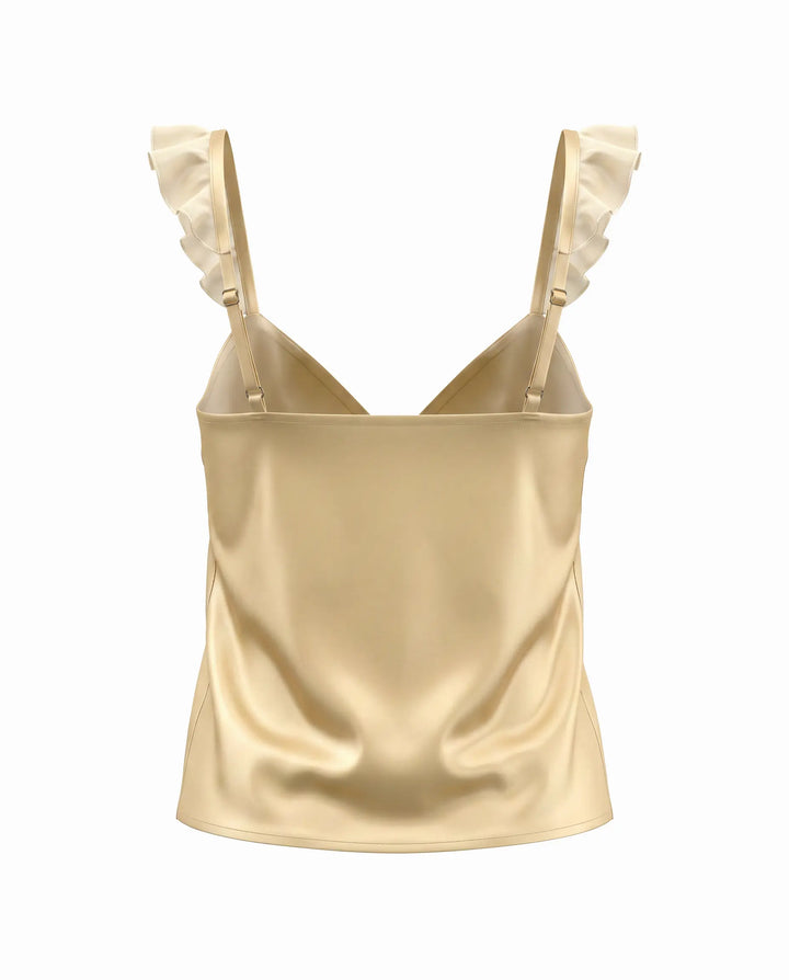 SOLACE  Yellow Ruffled Strap Satin Slim Fit Cropped Camisole Top 