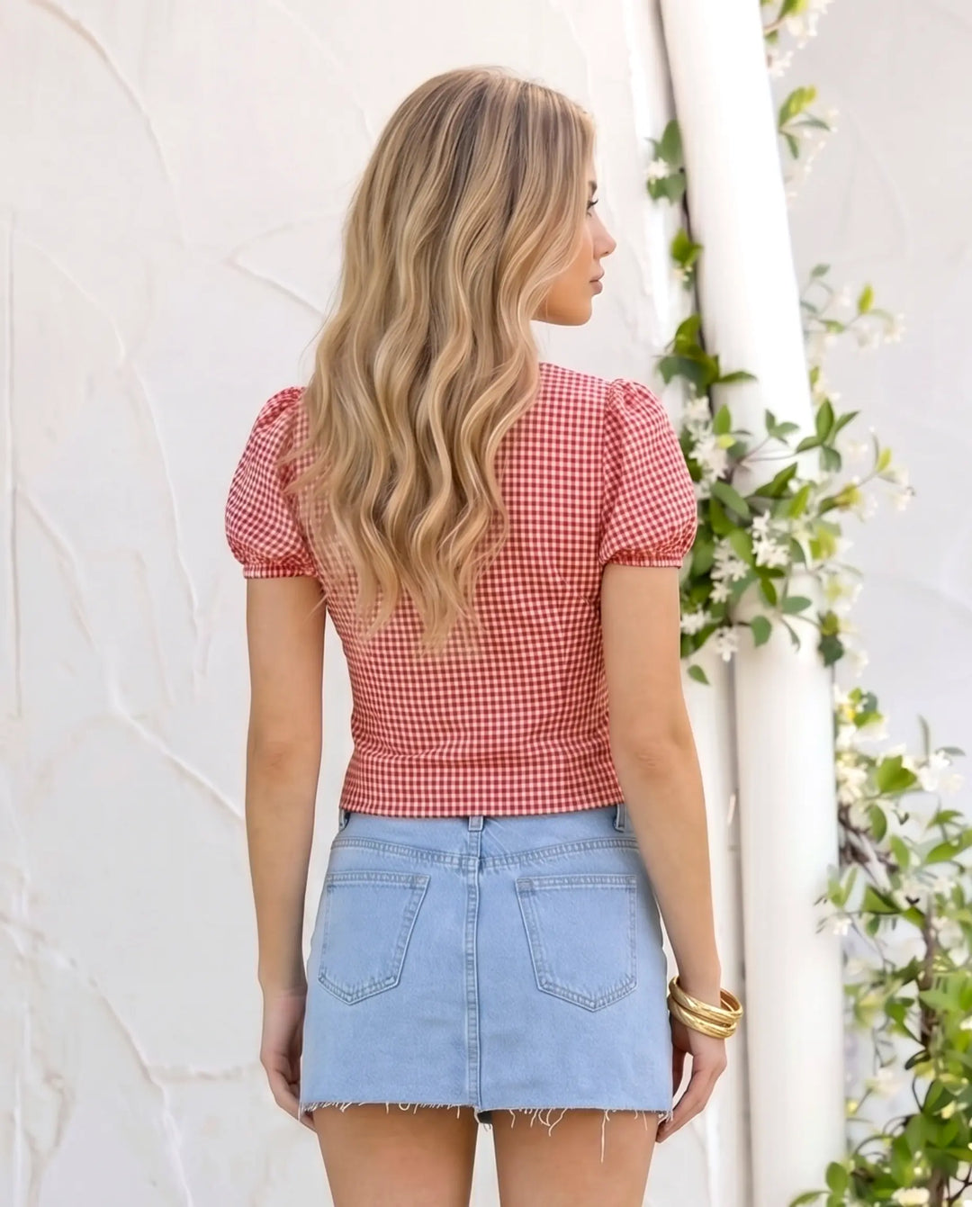 SOLACE  Red Gingham Puff Sleeve Tie Front Blouse 