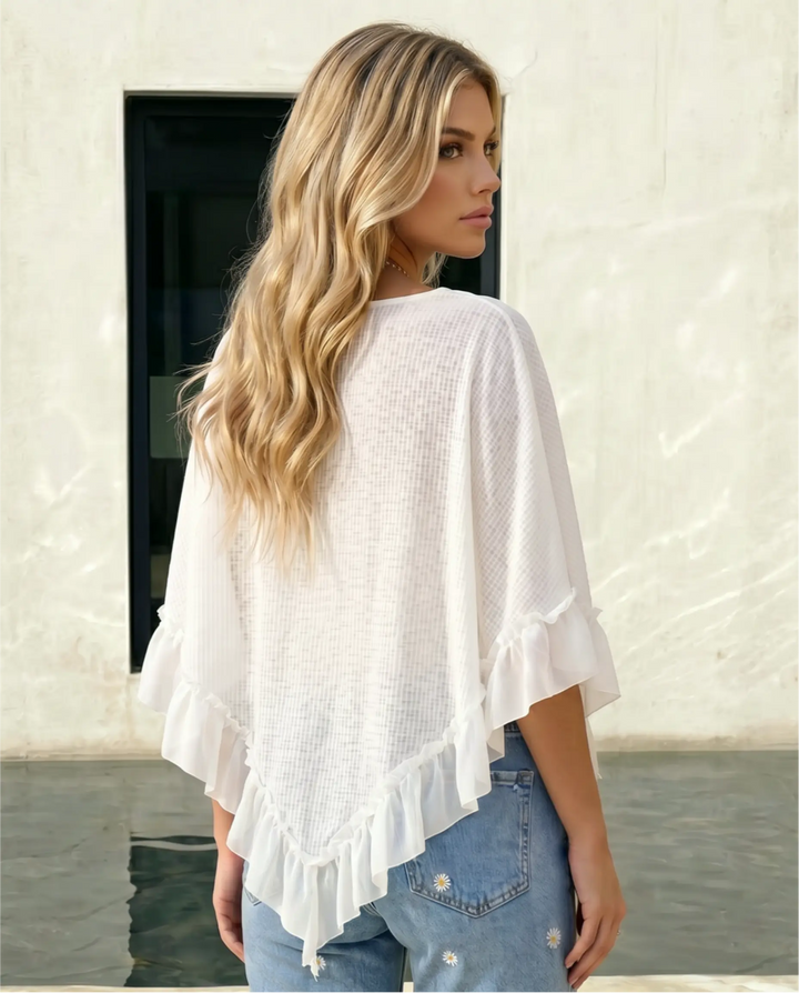 SOLACE  White Waffle Knit Asymmetrical Ruffle Blouse 