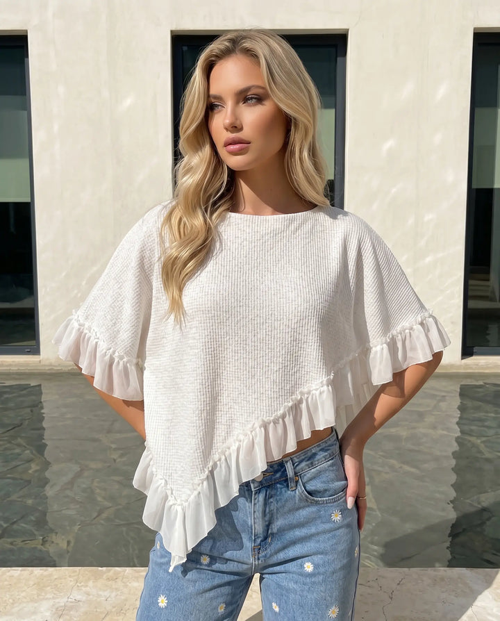 SOLACE  White Waffle Knit Asymmetrical Ruffle Blouse 
