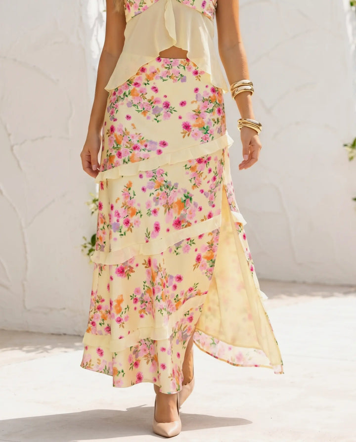 SOLACE  Pale Yellow Floral Print Tiered Ruffle Maxi Skirt 