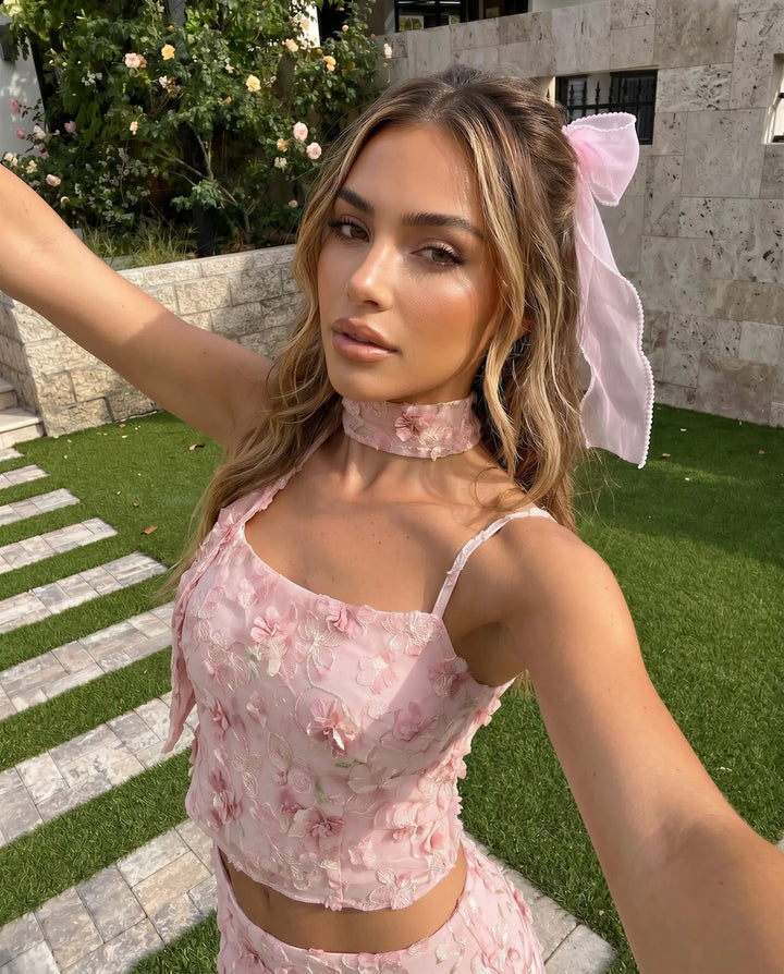 SOLACE  Pink Floral Embroidered Mesh Cami Top and Midi Skirt Two Piece Set 