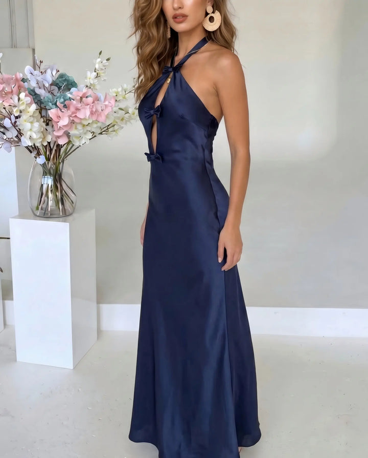 SOLACE  Navy Blue Satin Halter Neck Keyhole Midi Dress 