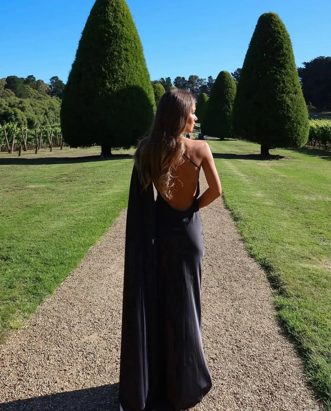 SOLACE  Black Satin One-Shoulder Open Back Maxi Dress 