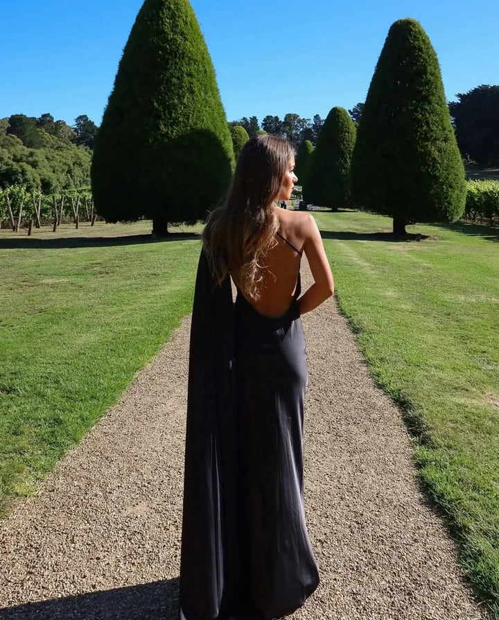 SOLACE  Black Satin One-Shoulder Open Back Maxi Dress 