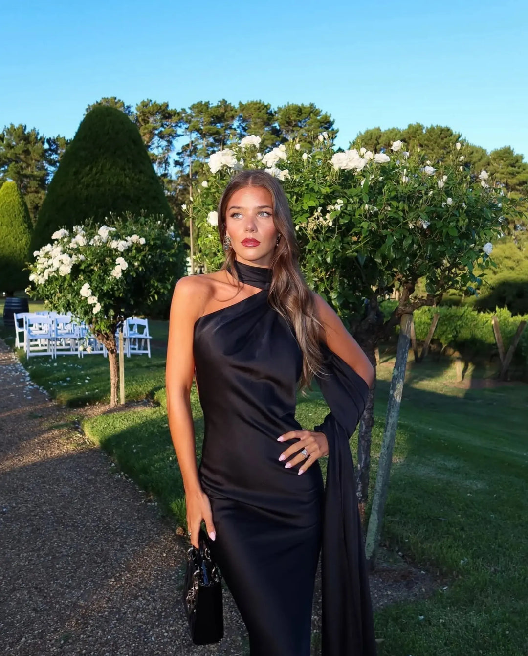 SOLACE  Black Satin One-Shoulder Open Back Maxi Dress 