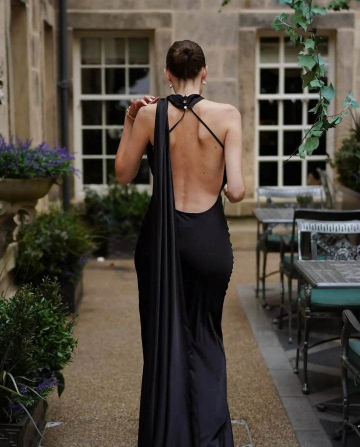 SOLACE  Black Satin One-Shoulder Open Back Maxi Dress 