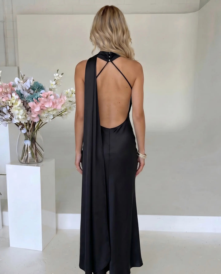 SOLACE  Black Satin One-Shoulder Open Back Maxi Dress 