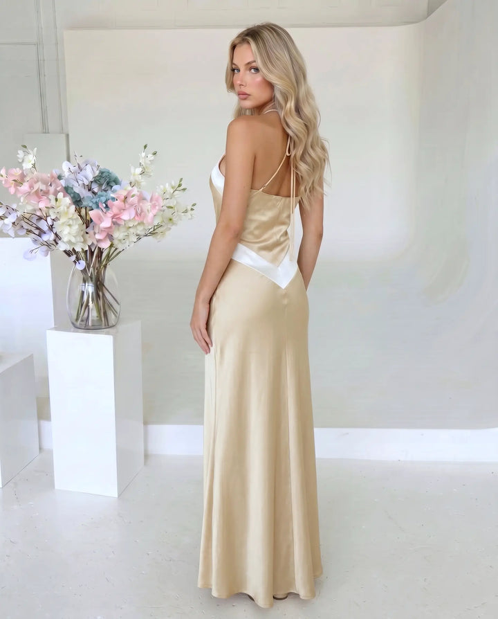 SOLACE  Beige Satin Contrast Trim Slim Maxi Dress 