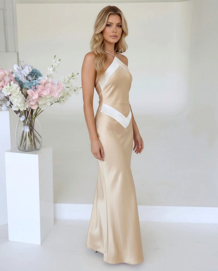 SOLACE  Beige Satin Contrast Trim Slim Maxi Dress 