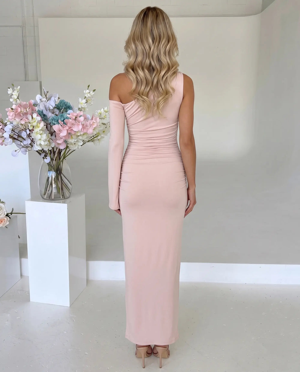 SOLACE  Nude Pink Ruched Stretchy Bodycon Slim Maxi Dress 