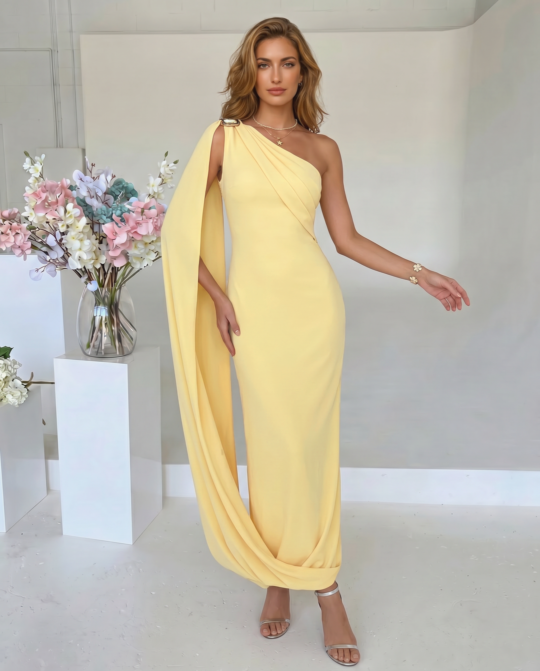 Yellow One Shoulder Draped Metal Buckle Maxi Dress