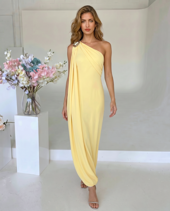 Yellow One Shoulder Draped Metal Buckle Maxi Dress