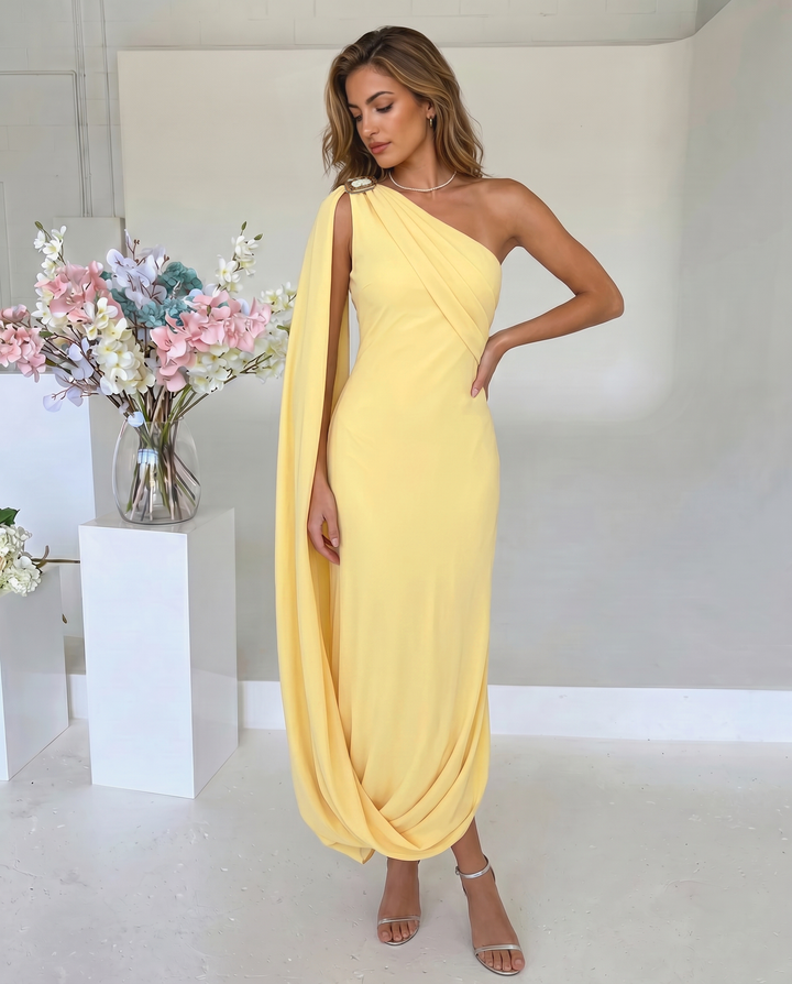 Yellow One Shoulder Draped Metal Buckle Maxi Dress