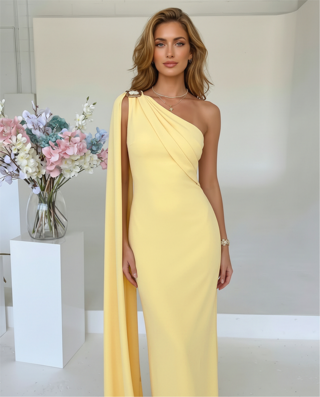Yellow One Shoulder Draped Metal Buckle Maxi Dress