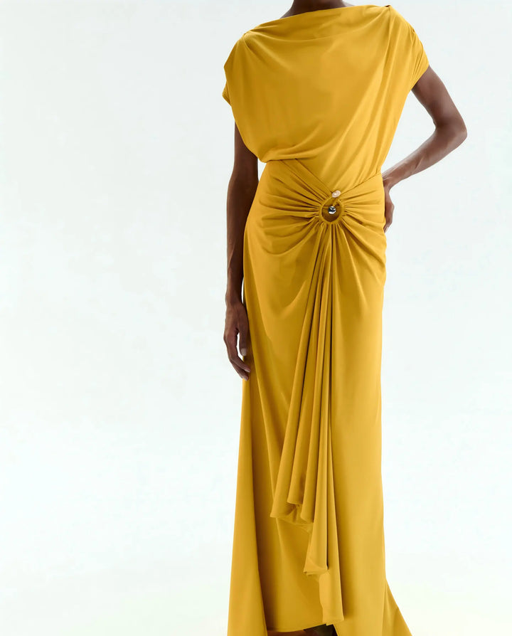 SOLACE  Mustard Ruched Ring Draped Jersey Slim Fit Maxi Dress 