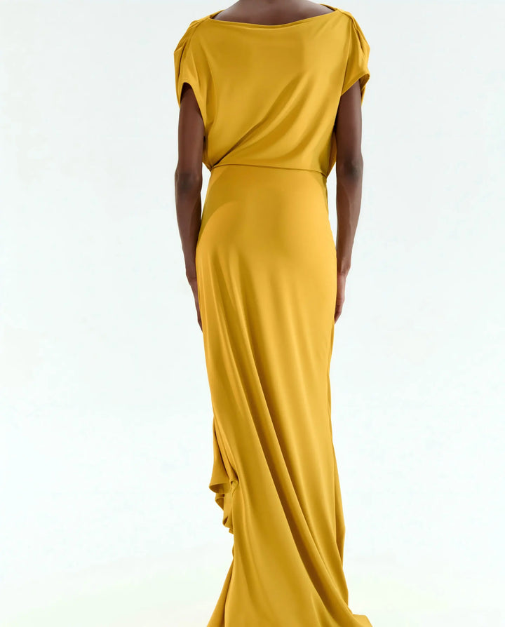 SOLACE  Mustard Ruched Ring Draped Jersey Slim Fit Maxi Dress 