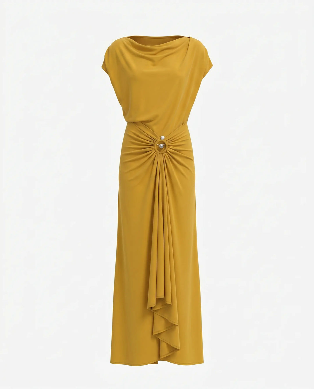 SOLACE  Mustard Ruched Ring Draped Jersey Slim Fit Maxi Dress 