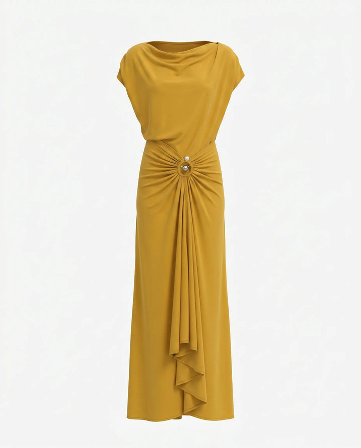 SOLACE  Mustard Ruched Ring Draped Jersey Slim Fit Maxi Dress 